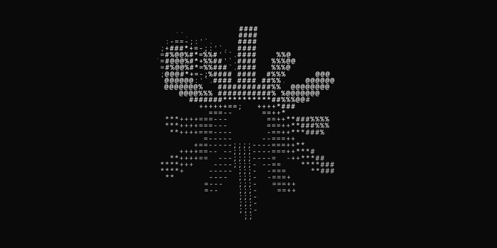 Preview of the ASCII fluid component: the Ultimata sunburst redrawn in white ASCII glyphs on black, lit by a trail