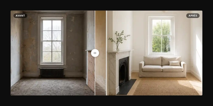 Preview of the Compare slider component: two versions of the same mountain landscape at dusk, split by a vertical white seam with a round handle — the raw, grey image on the left, the graded, warm image on the right.