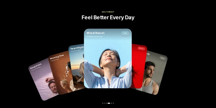 Preview of the Fan carousel component: six photo cards fanned out on a black background, the fourth one in front under the headline “Feel Better Every Day”.