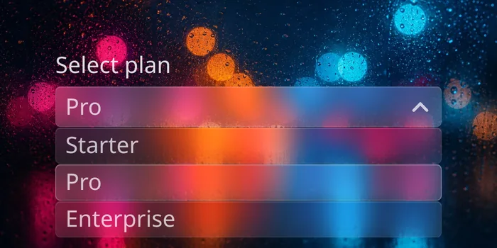 Preview of the Glass select component: a frosted-glass dropdown, open, over a photo of fir branches