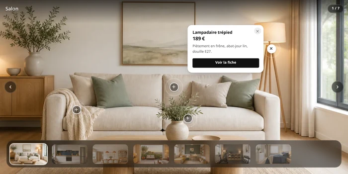 Preview of the Hotspot carousel component: a photo of a living room with clickable dots, an open product card and a rail of thumbnails at the bottom