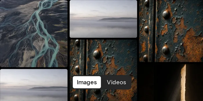 Preview of the Infinite canvas component: a masonry wall of images on a black background, with a floating Images / Videos pill at the bottom.