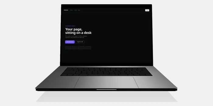 Preview of the Laptop 3D component: a laptop seen head-on in perspective, its screen showing a dark page, on a light grey background