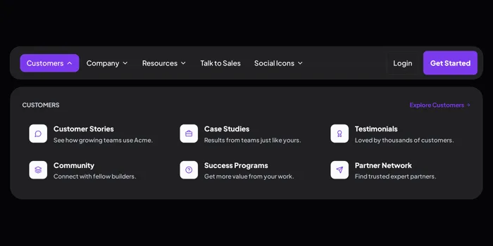 Preview of the Mega menu nav component: a dark navigation bar, the “Customers” menu opened onto a three-column mega menu