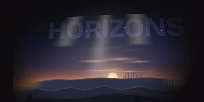 Preview of the Parallax scene component: a dusk landscape in stacked layers, a low sun on the horizon, three ridges and shafts of light, with the word Horizons blended into the sky.