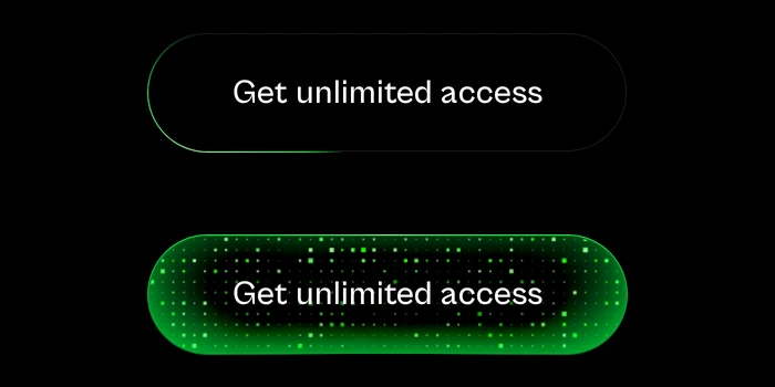 Preview of the Pixel button component: the same black pill button in its two states — at rest, grazed by a green arc, then lit up, filled with a grid of green pixels