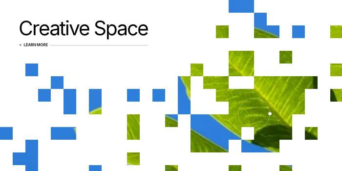 Preview of the Reveal mosaic hero component: the headline Creative Space over a mosaic of white squares that uncovers a photo of a green leaf