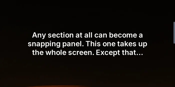 Preview of the Snap sections component: a full-frame orange panel with its text centred, the sharp edge of the next blue panel at the bottom, and the progress bar on the right