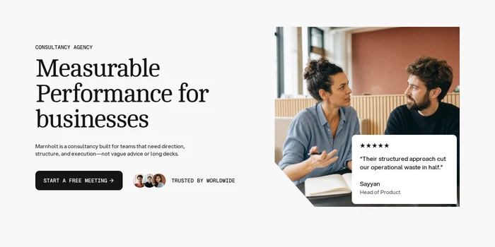 Preview of the Testimonial hero component: a light two-column hero, serif headline and black button on the left, bevelled photo on the right with a white review card pinned to it