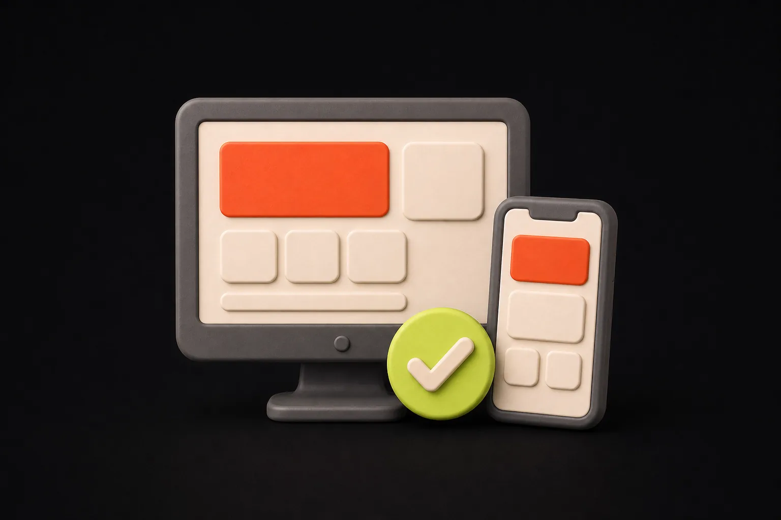 3D illustration of a responsive site checked on desktop and mobile