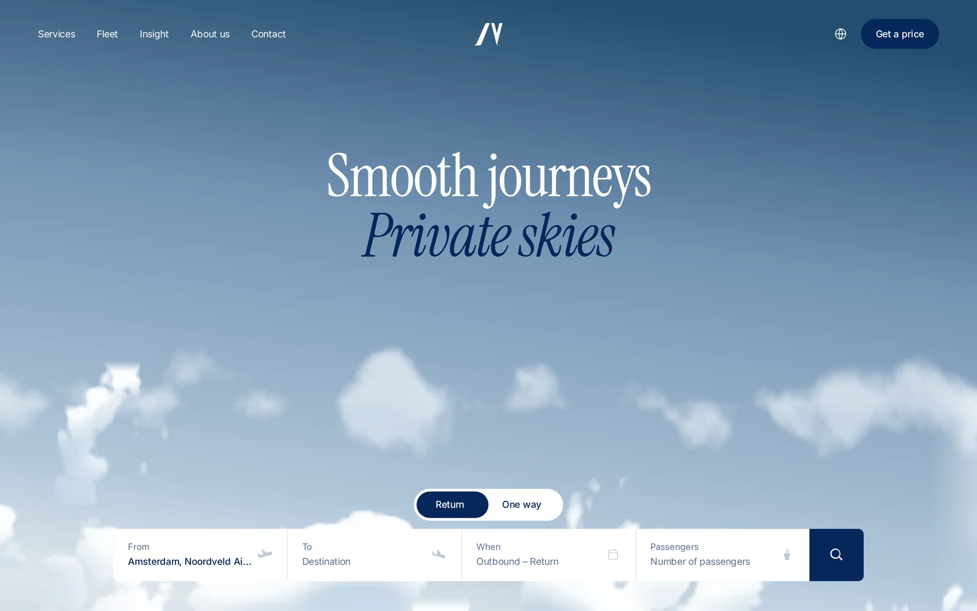 Preview of the Aerivo template: a hero over a graded midnight-blue sky and three layers of cloud, the heading “Smooth journeys / Private skies” and a white flight search bar at the bottom of the screen.