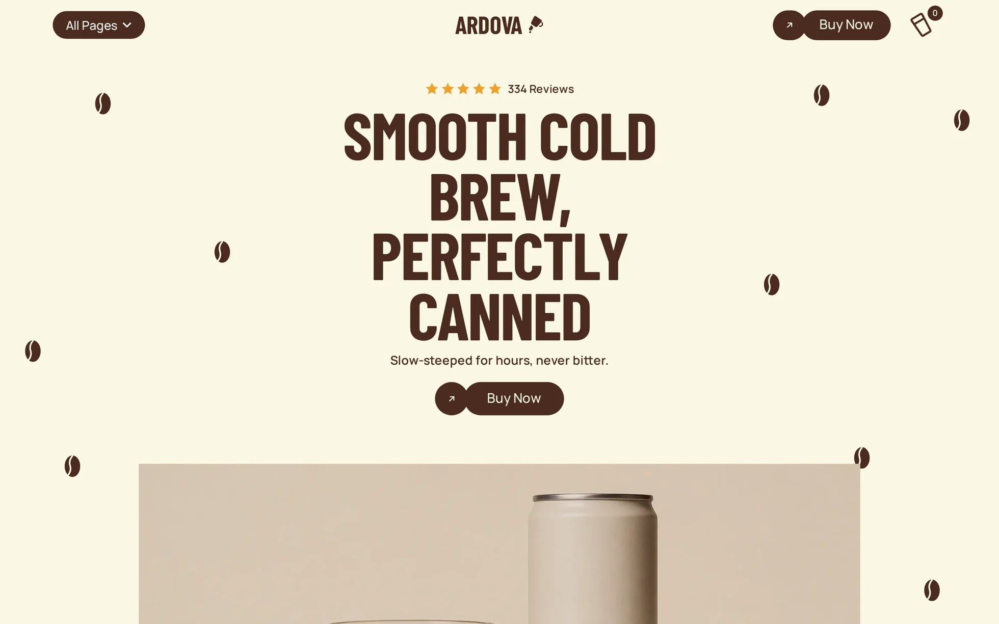 Aperçu du template Ardova : un héros crème portant le titre « Smooth cold brew, perfectly canned », des grains de café dispersés autour et une canette posée à côté d’un verre de café glacé.
