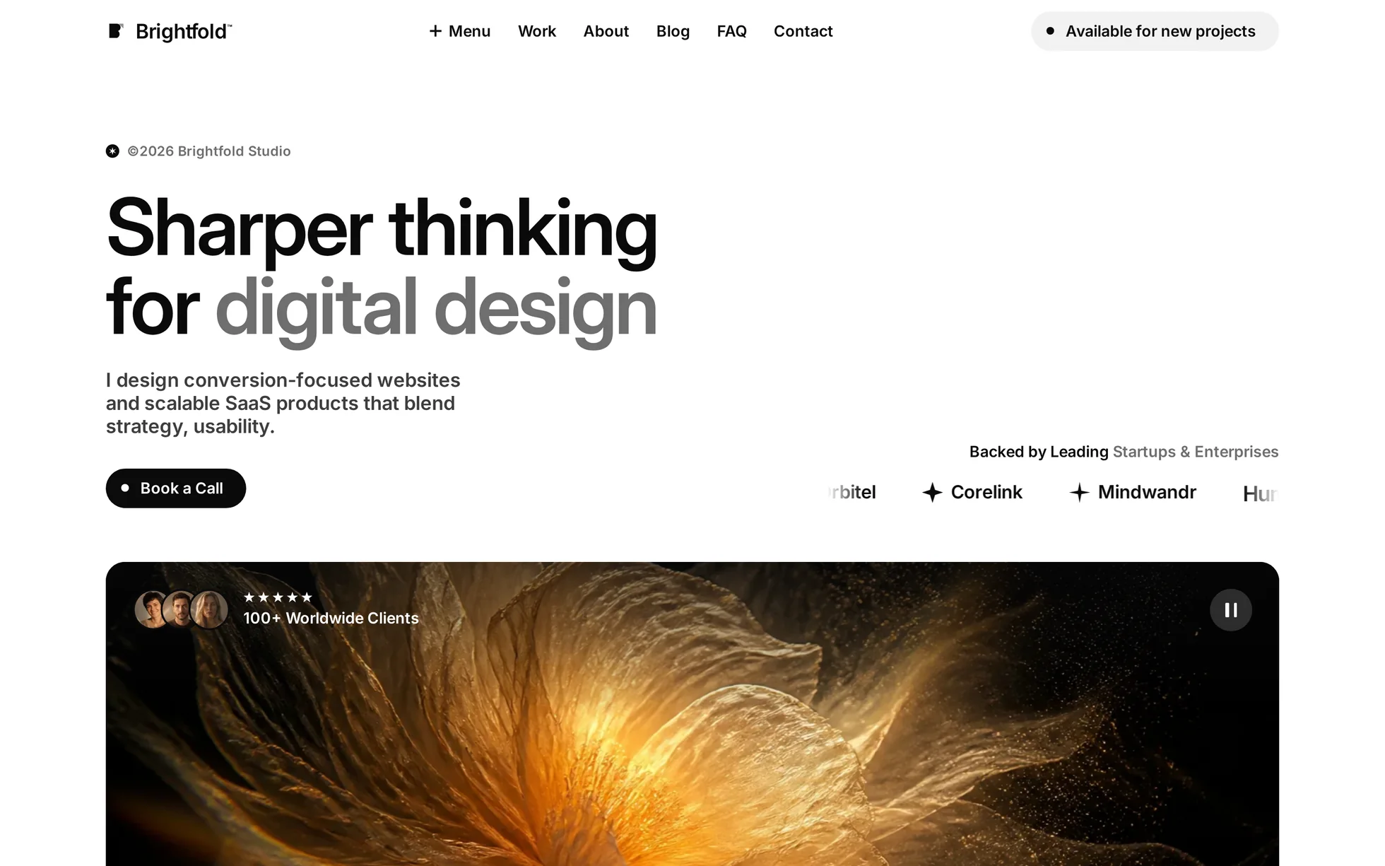 Preview of the Brightfold template: a black-and-white portfolio home page, a large heading over a sunlit interior photograph, and a row of client logos underneath.