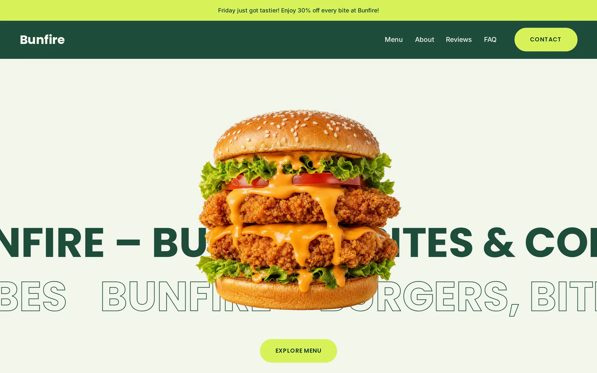 Preview of the Bunfire template: the hero section of a restaurant site, a large burger photo, a forest-green heading and a lime button.