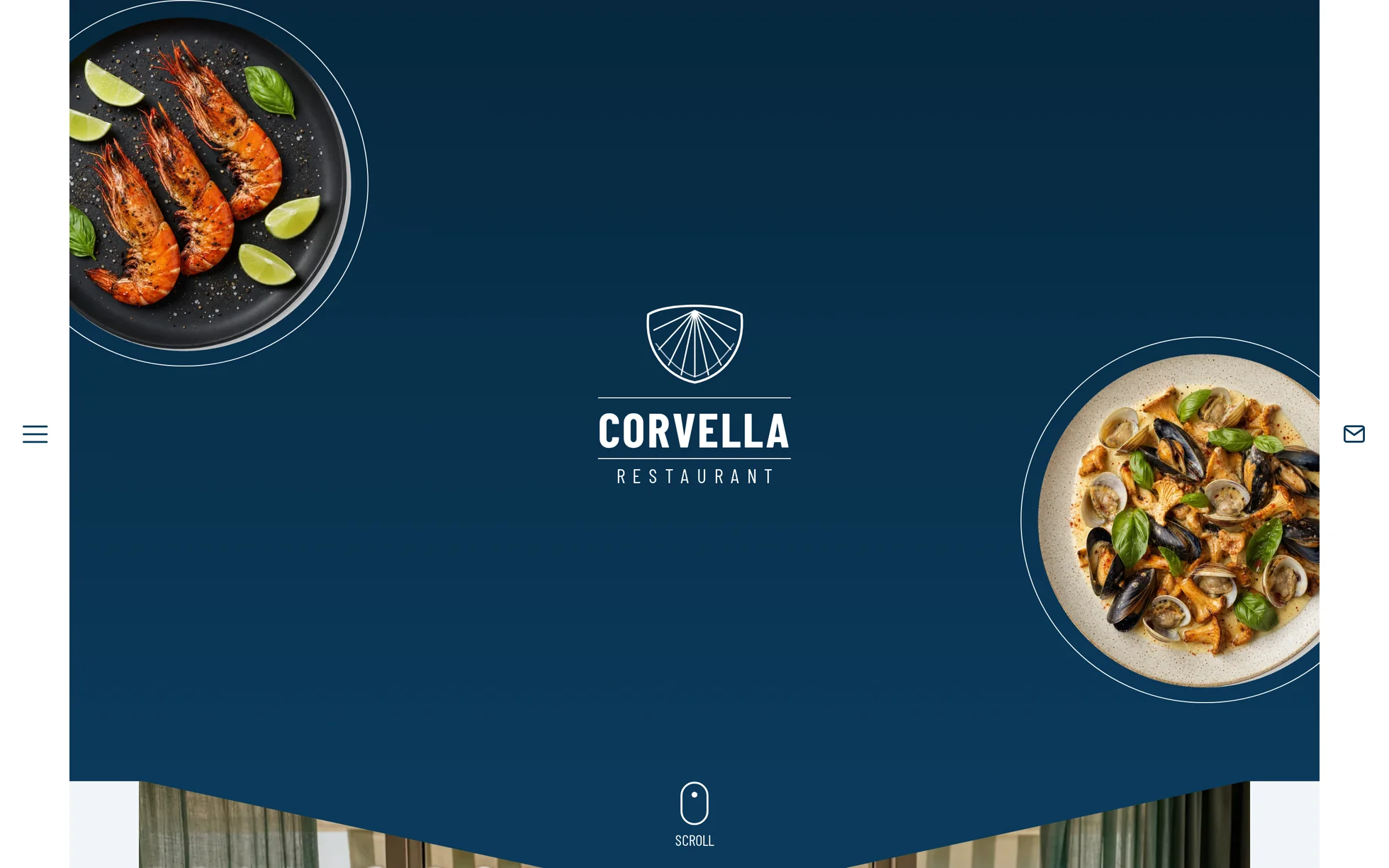 Preview of the Corvella template: a deep-sea blue screen, the “Corvella Restaurant” logo centred beneath a line-drawn shell, a plate of grilled prawns entering from the top left and a plate of clams from the right, and a white chevron cut out of the dining-room photo at the bottom.