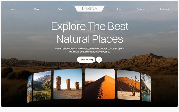 Preview of the Duneva template: a hero over a desert photo, the headline “Explore The Best Natural Places” and a ring of fourteen photos laid out in perspective below the button.