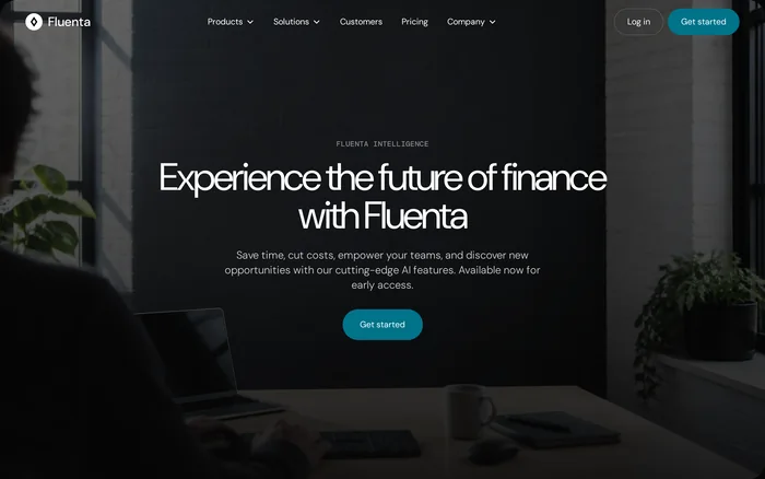 Preview of the Fluenta template: a dark office photograph behind the heading “Experience the future of finance with Fluenta”, a teal call-to-action button below it, and a navigation bar carrying the diamond logo.