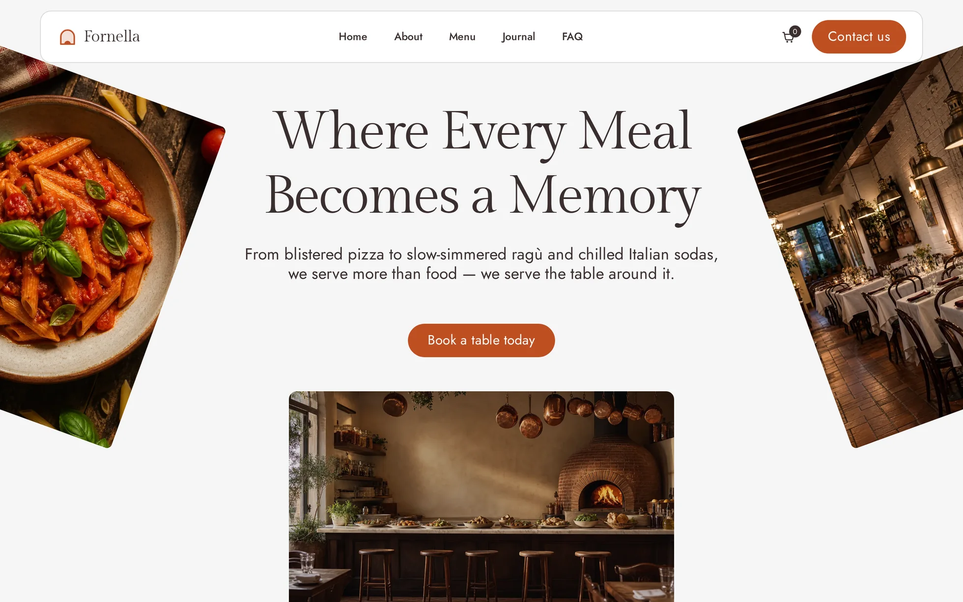Preview of the Fornella template: two tilted photographs framing a lit wood-fired kitchen, the heading “Where Every Meal Becomes a Memory” above a “Book a table today” button, on a warm off-white ground.