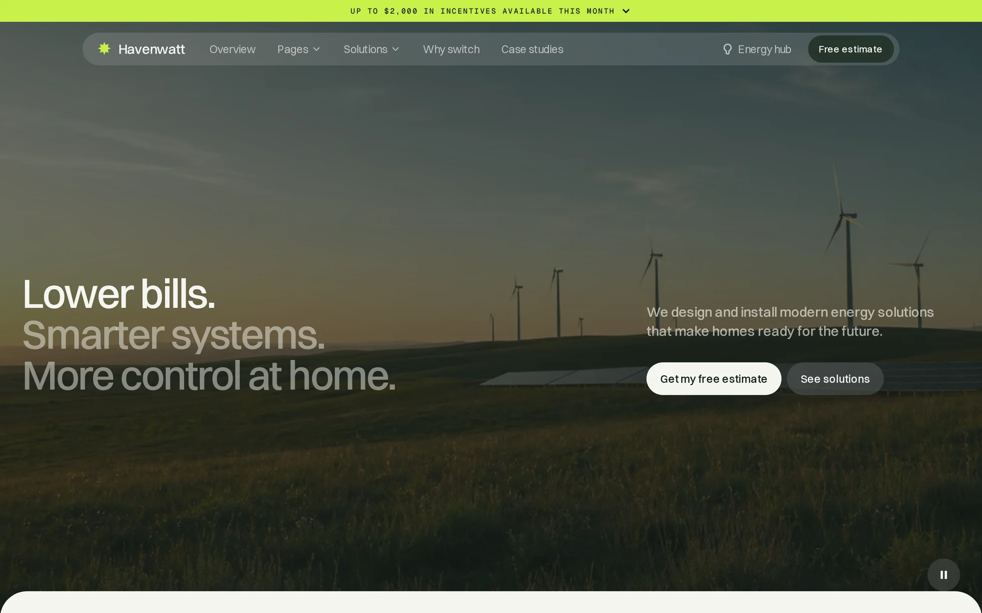 Preview of the Havenwatt template: hero section with a video of wind turbines, the heading “Lower bills, smarter systems” and two call-to-action buttons.
