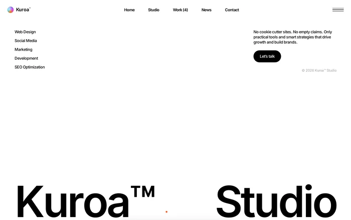 Preview of the Kuroa template: the white hero panel over two columns of fashion photographs, with the giant Kuroa Studio wordmark across the bottom.