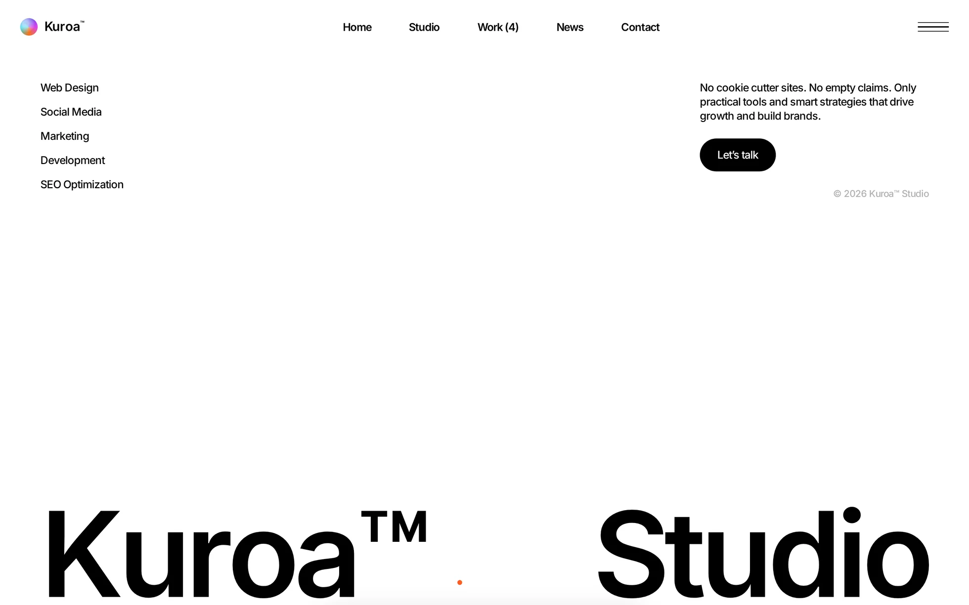 Preview of the Kuroa template: the white hero panel over two columns of fashion photographs, with the giant Kuroa Studio wordmark across the bottom.