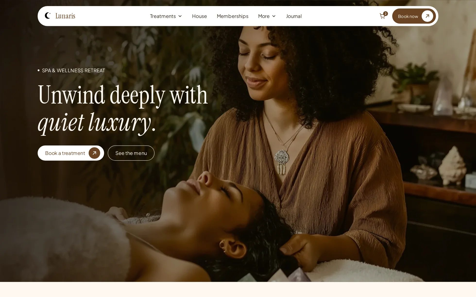 Preview of the Lunaris template: hero section with a treatment photo, the heading “Unwind deeply with quiet luxury” and two call-to-action buttons.