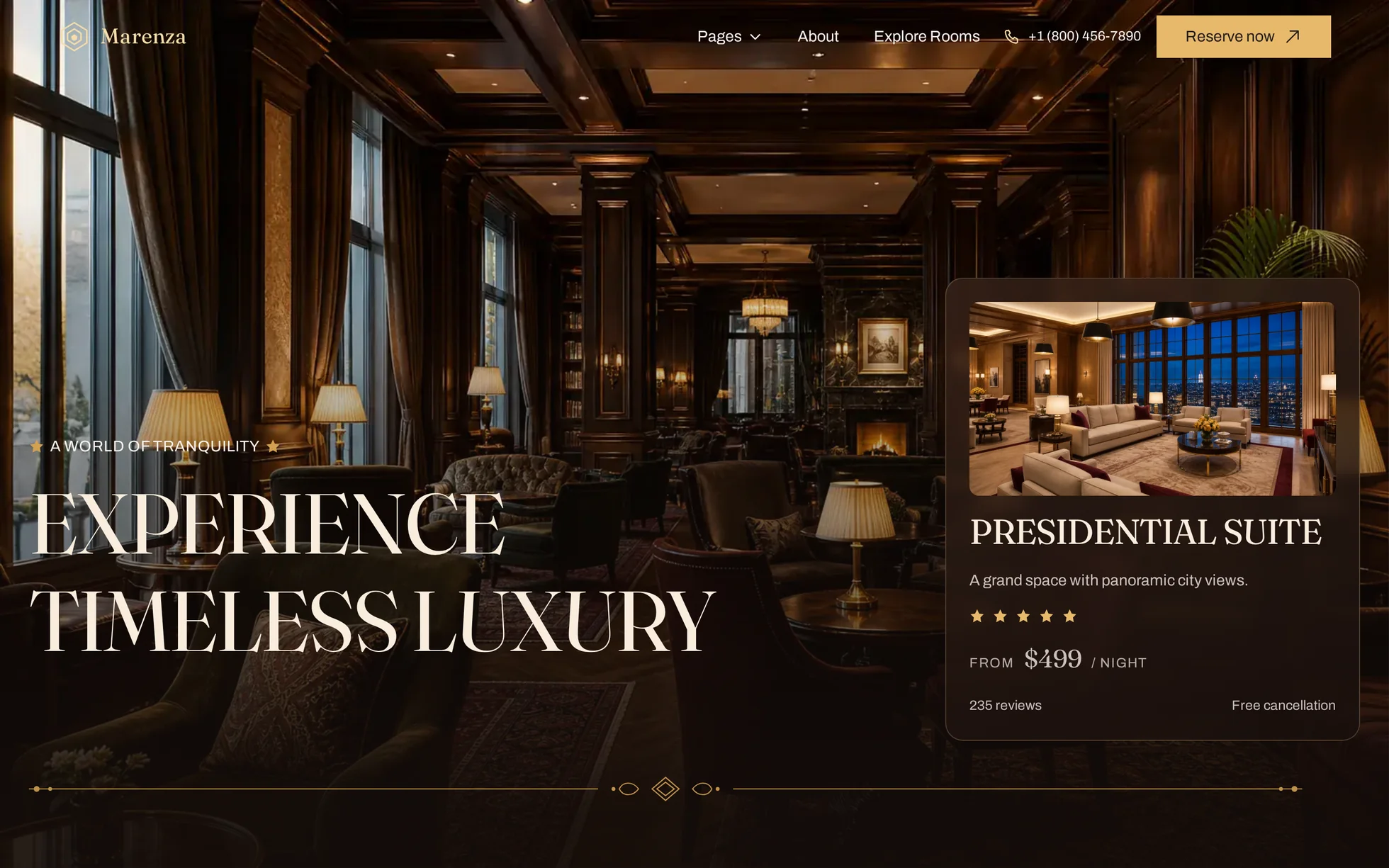 Preview of the Marenza template: a dark panelled hotel lounge at dusk, the heading “Experience timeless luxury” in cream serif on the left, and on the right a glass card showing the presidential suite with its photograph, five stars and its price.