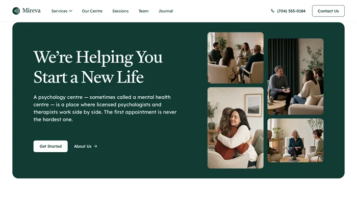 Preview of the Mireva template: a rounded pine-green card with the headline “We're Helping You Start a New Life” and a mosaic of four photos of therapy sessions