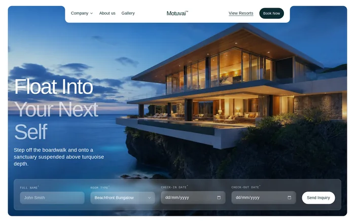 Preview of the Motuvai template: a hero over a glass villa on a clifftop at dusk, the headline “Float Into Your Next Self” and a frosted-glass booking bar.