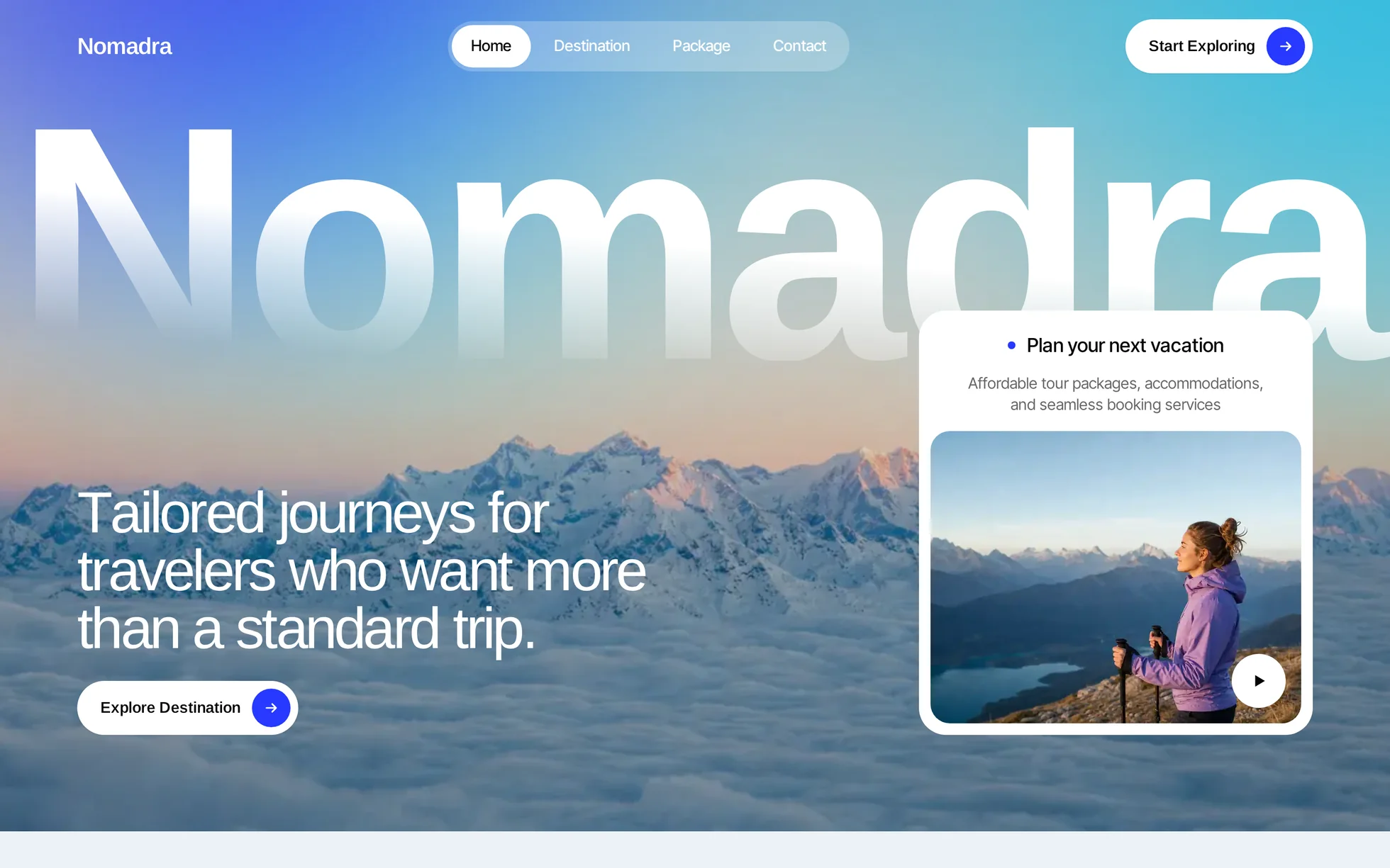 Preview of the Nomadra template: a hero over a photo of a snowy peak, the word “Nomadra” in very large translucent lettering, the heading “Tailored journeys for travelers who want more than a standard trip” and a white card holding a video of a hiker.