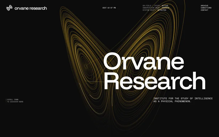 Preview of the Orvane Research template: a golden butterfly-shaped Lorenz attractor on a black background, with the name Orvane Research in very large white type on the right.