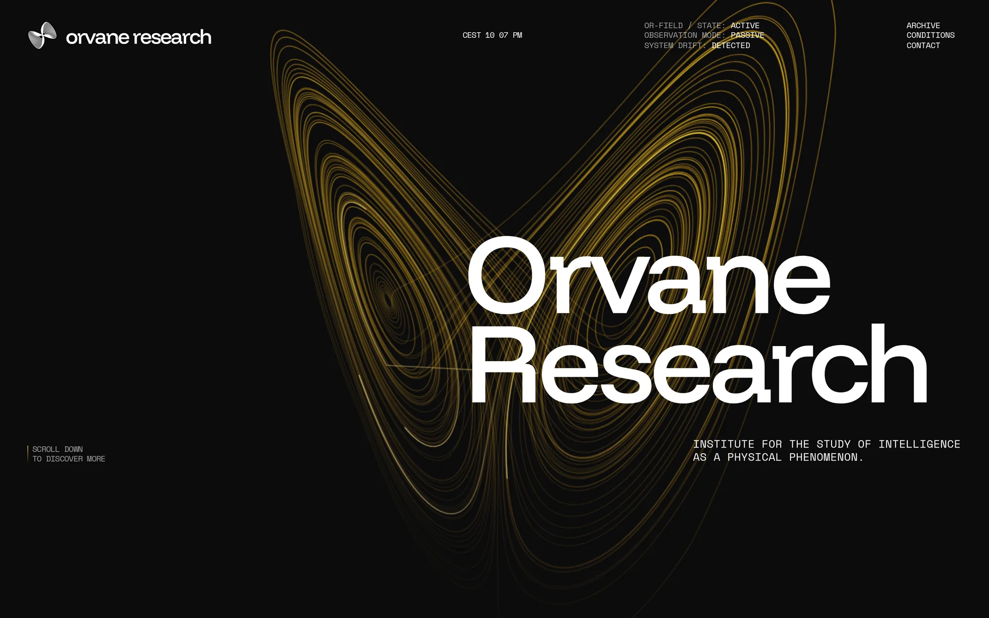 Preview of the Orvane Research template: on a black background, a golden butterfly-shaped Lorenz attractor, the heading “Orvane Research” very large on the right and a status line in small capitals in the header.