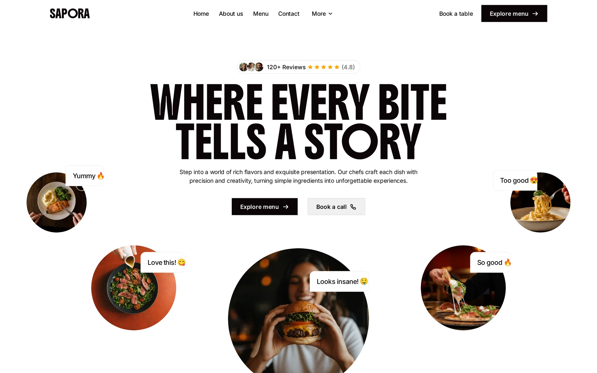 Preview of the Sapora template: the giant heading “Where every bite tells a story” in very bold black letters, a review pill above it, and five circular dish photos arranged around the text, each with its own comment bubble.