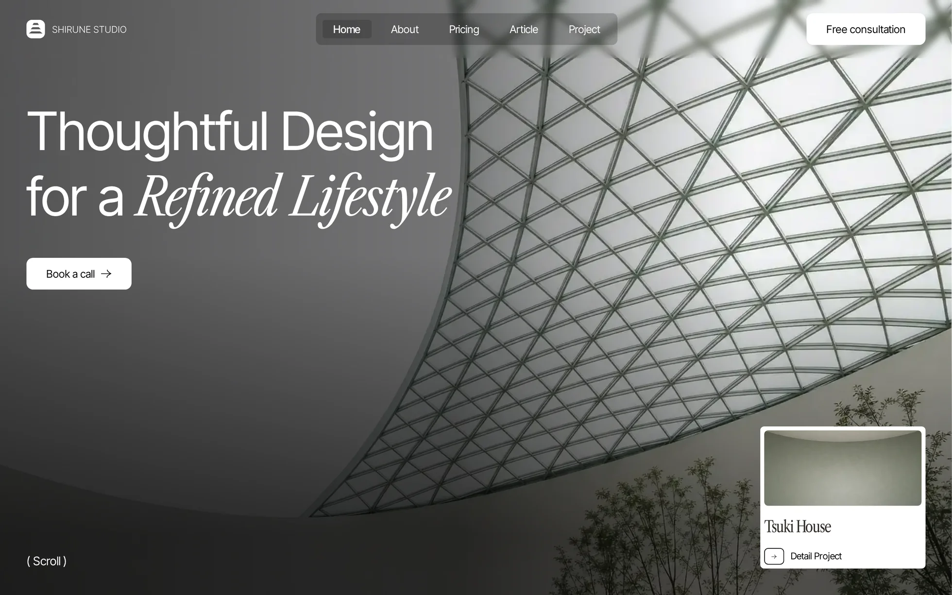 Preview of the Shirune Studio template: full-height home over a glass-roof photo, the headline “Thoughtful Design for a Refined Lifestyle”, and a project card in the lower right.