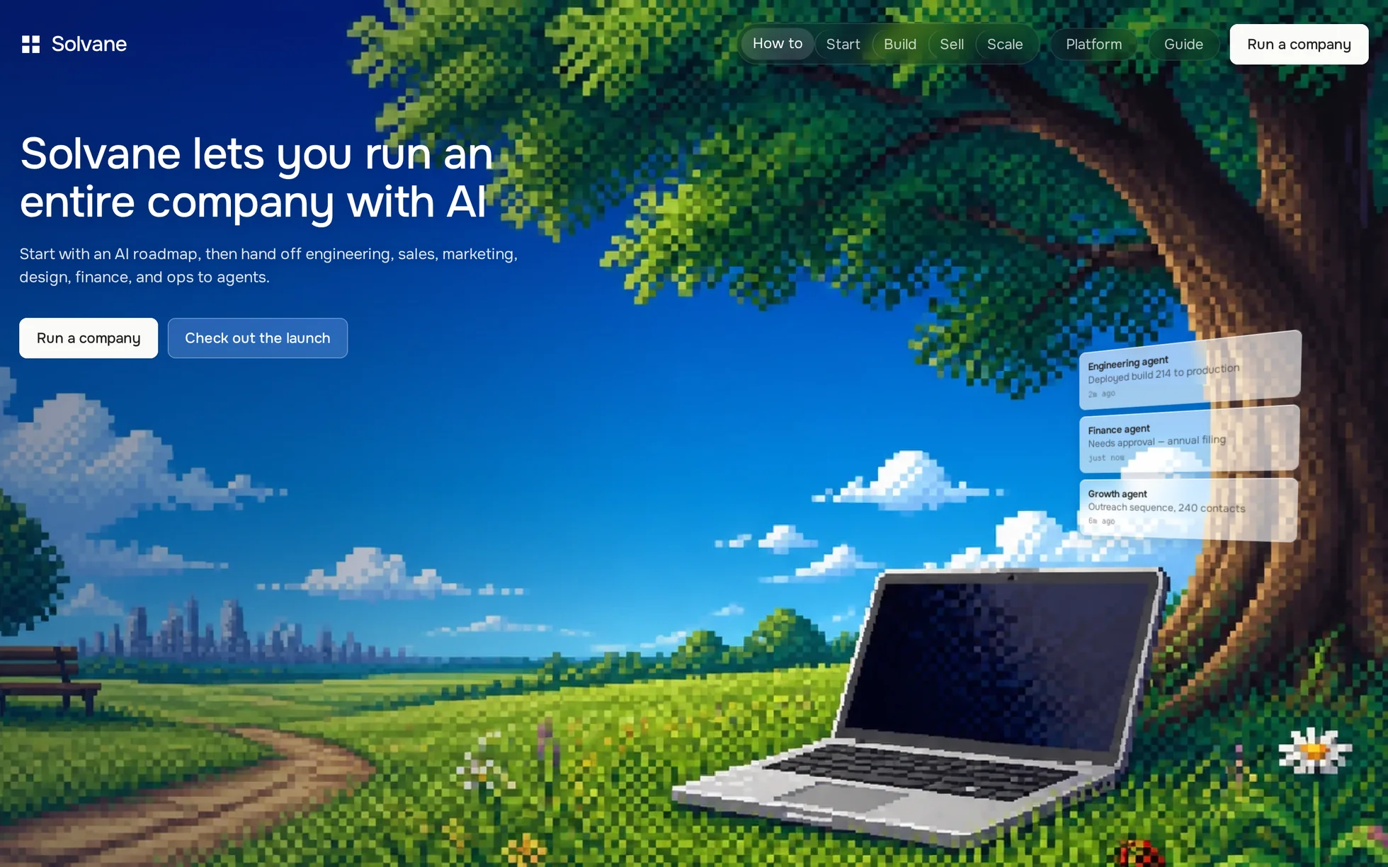 Preview of the Solvane template: a full-screen pixel-art meadow with a laptop under a tree, the heading “Solvane lets you run an entire company with AI”, and a tilted stack of agent notifications.