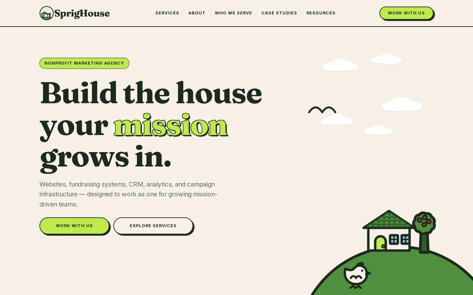 Preview of the SprigHouse template: a hero section on a cream background, the heading “Build the house your mission grows in” with the word mission highlighted in lime green, drawn clouds and an illustrated house on a green hill.