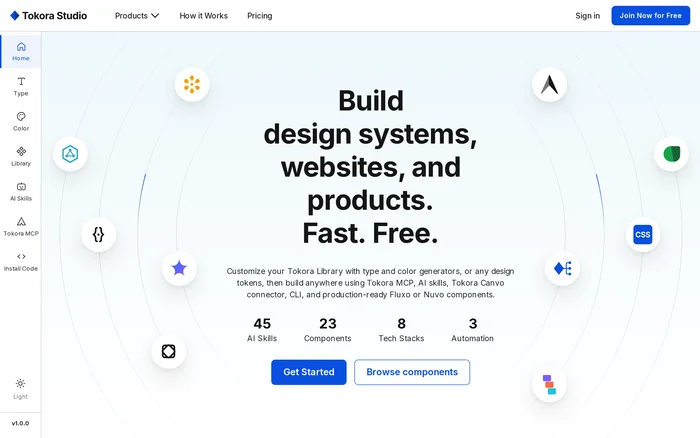 Preview of the Tokora Studio template: the headline “Build design systems, websites, and products” in the centre, ten tool logos on four concentric rings, navigation rail on the left.
