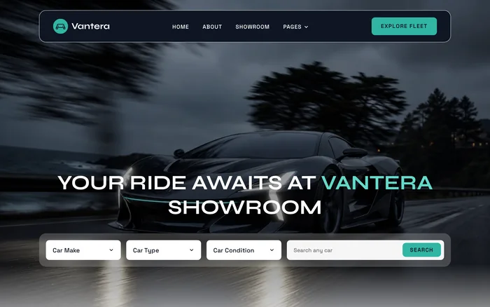 Preview of the Vantera template: a black coupé speeding along a coastal road at dusk, the showroom headline over it and a frosted-glass filter bar
