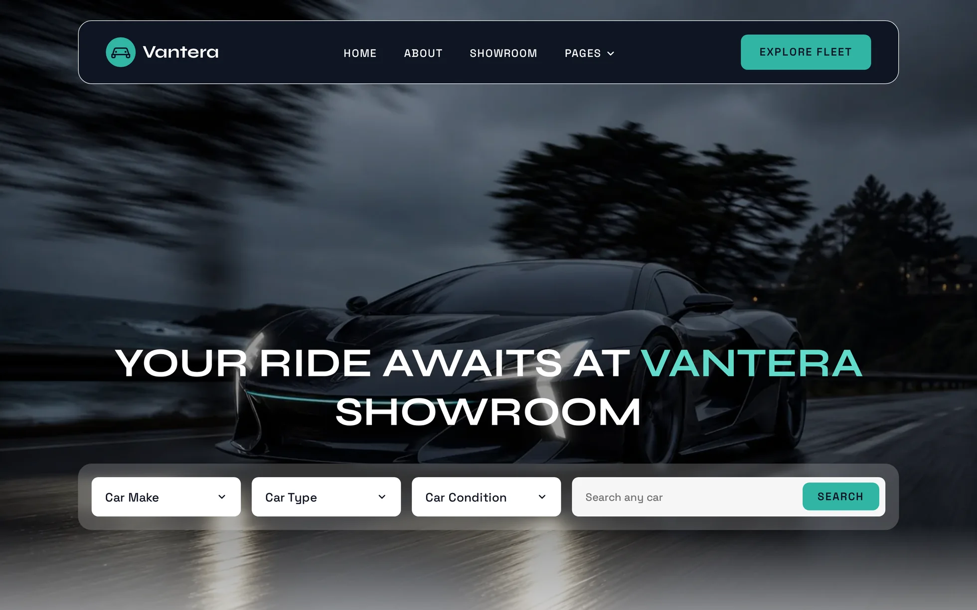 Preview of the Vantera template: a black sports car sweeping along a coastal road at dusk, the heading “Your ride awaits at Vantera showroom” in white and teal over it, and a frosted-glass filter bar set at the bottom of the image.