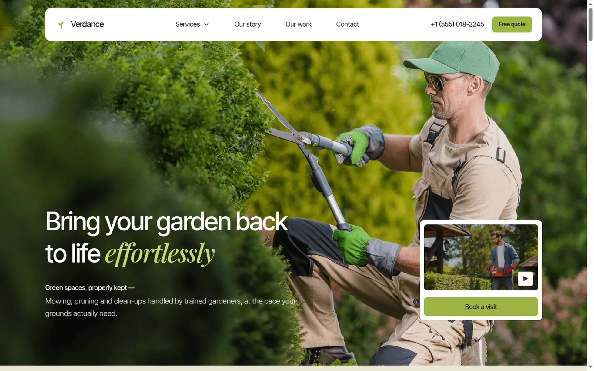 Preview of the Verdance template: hero section over a photo of a hedge being trimmed, the heading “Bring your garden back to life effortlessly” and a video card with a booking button.