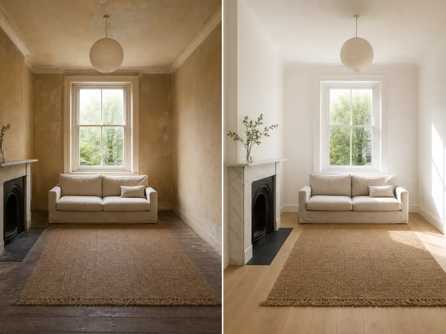 The renovated room: limewashed walls, pale oak floorboards, a linen sofa under the window, a marble fireplace.