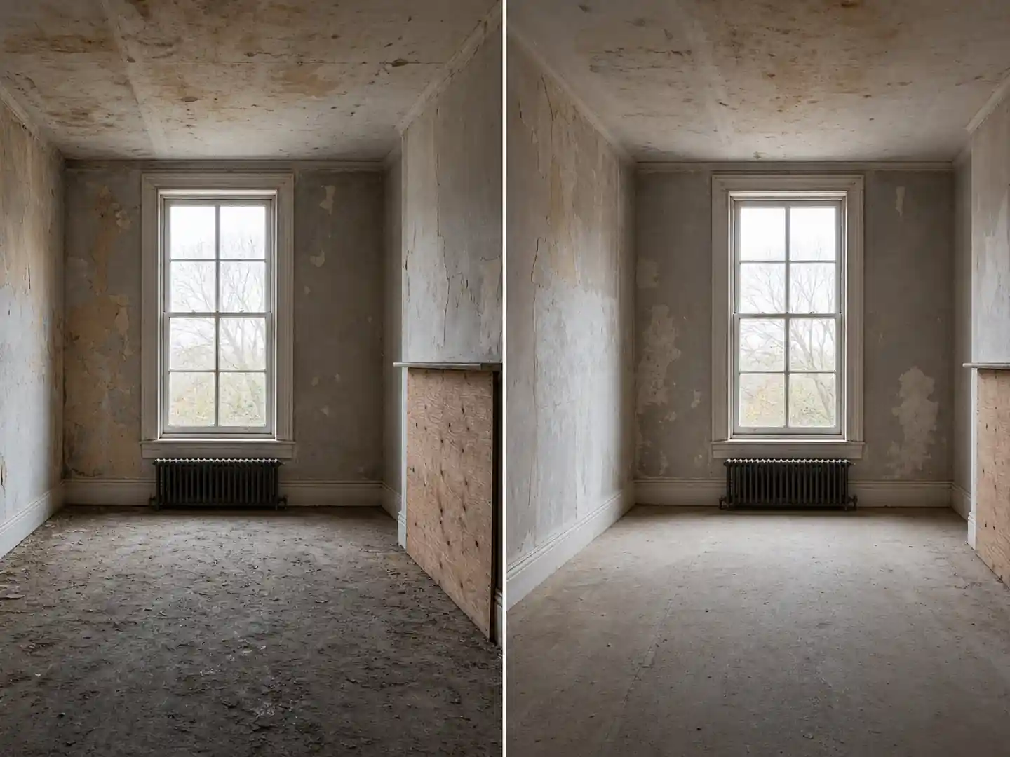 The same room before the works: flaking plaster, a stained ceiling, a dusty concrete floor, a cast iron radiator.