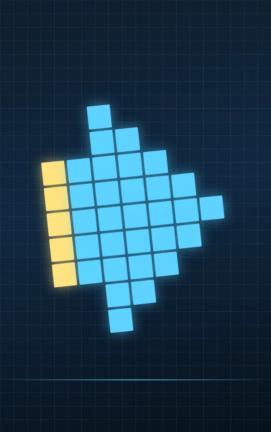 An arrow drawn in large blue pixels on a dark grid.