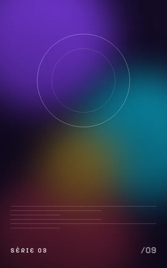 A field of blurred colours crossed by a circle and fine rules.