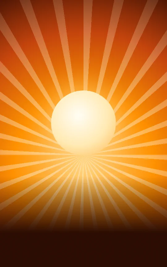 A stylised rising sun, ochre rays on an orange sky.