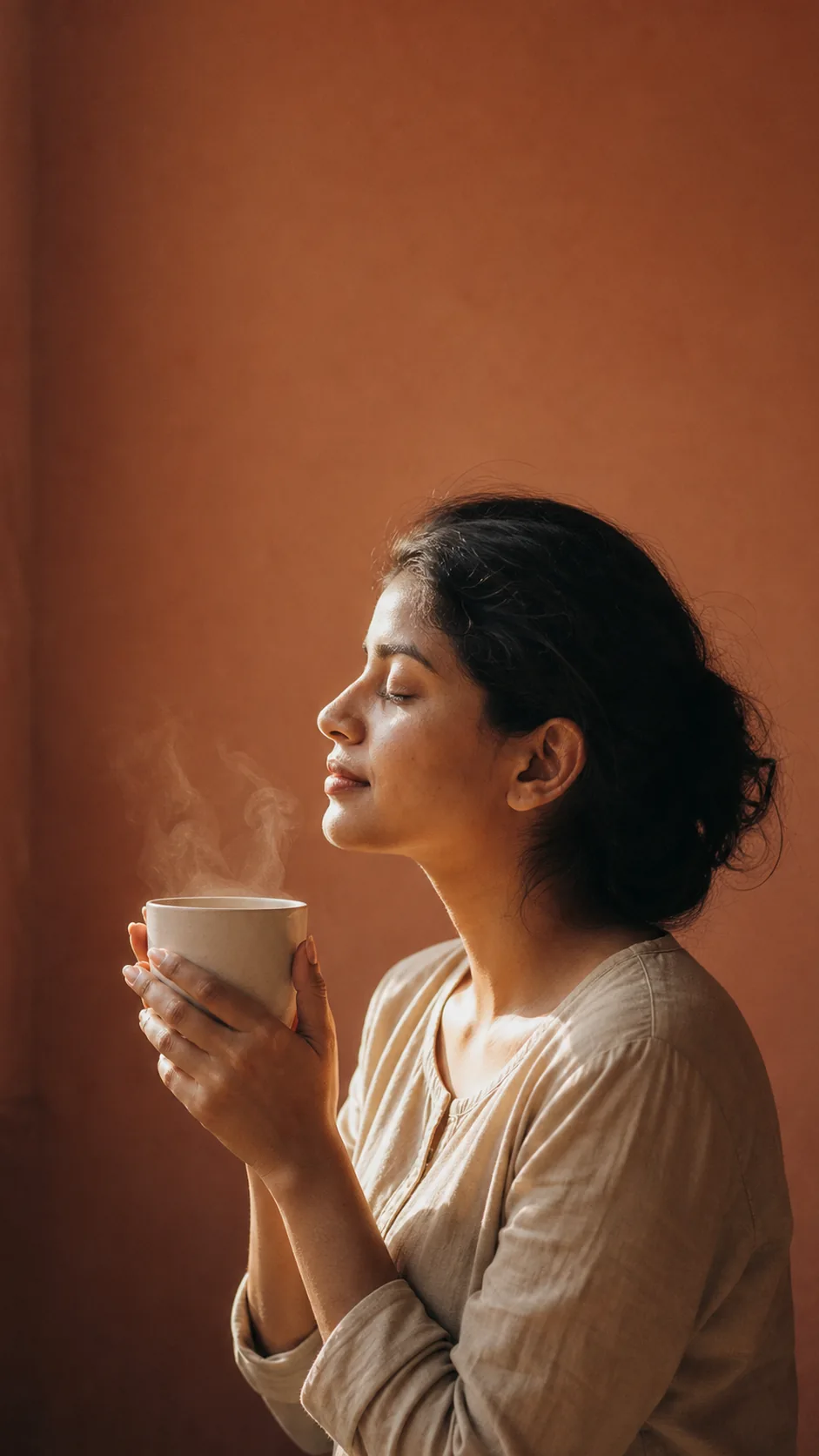 Portrait on an orange background: a woman in profile, her head tipped back.