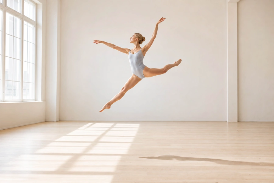 A dancer suspended in mid-air in a studio flooded with light