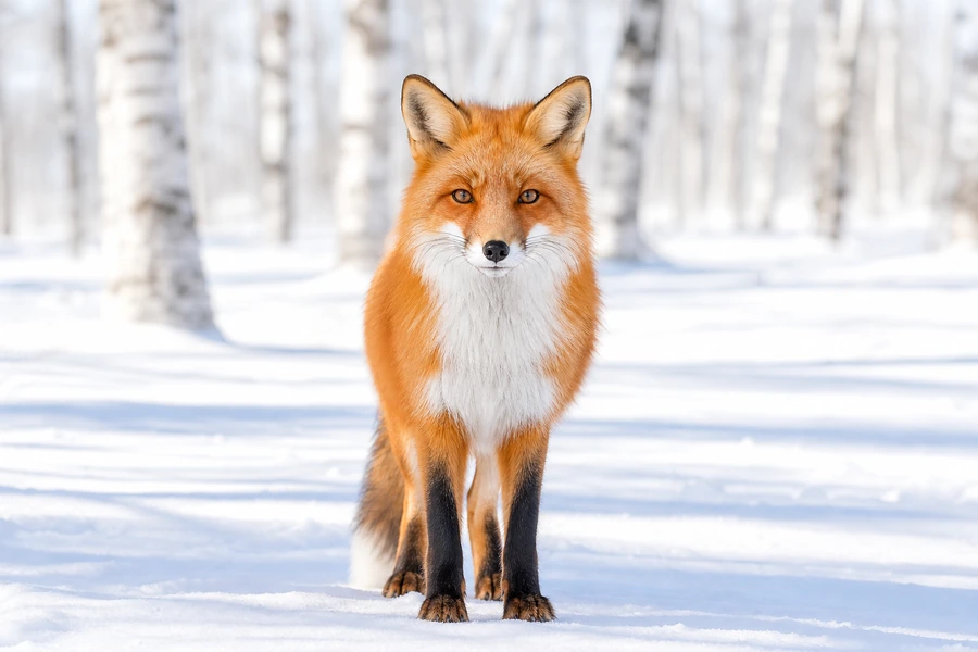 A red fox, ears pricked, in a snowy clearing