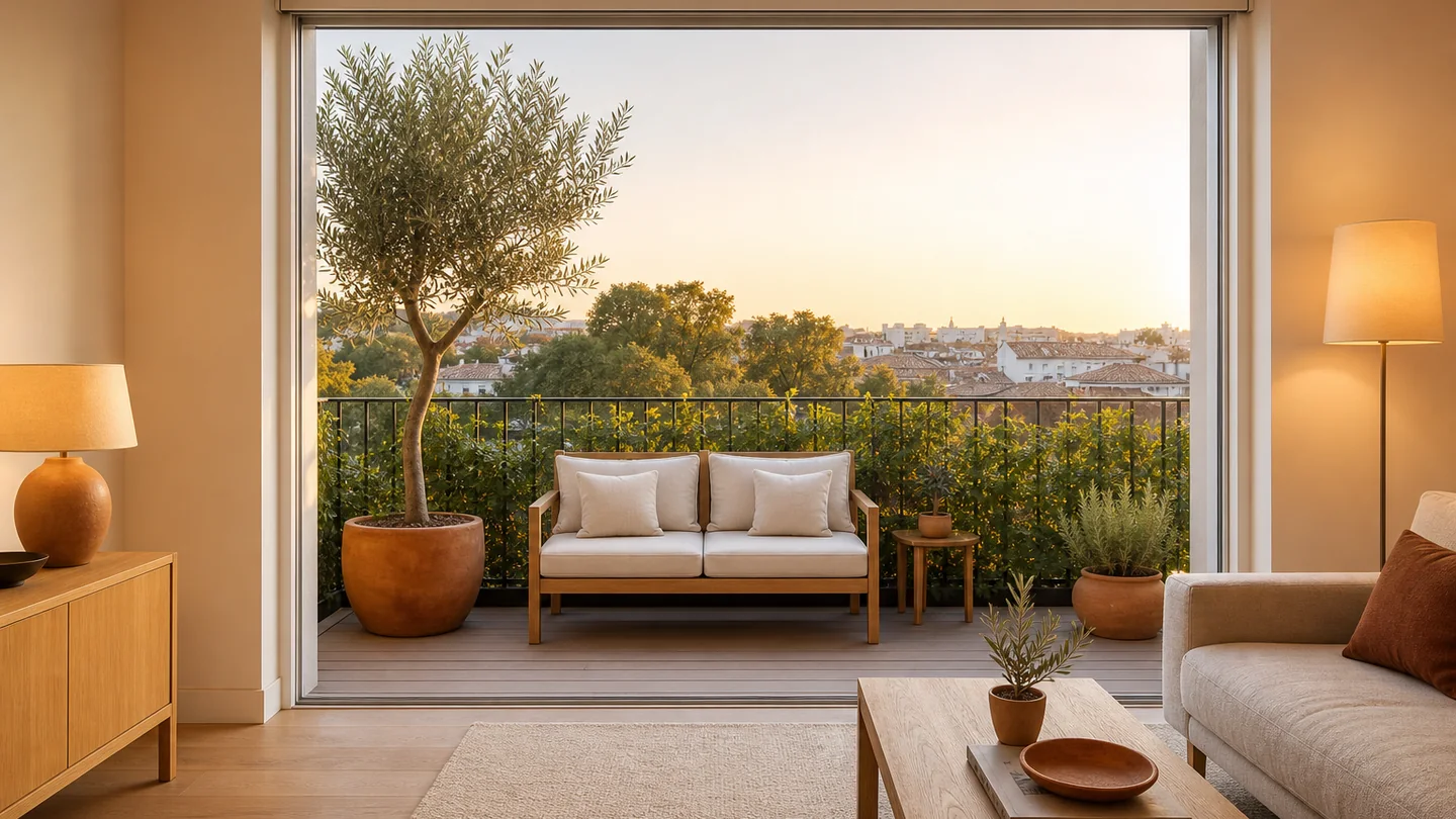 A balcony full of plants: a wooden bench, a potted olive tree, a coffee table and an armchair, looking out onto trees.