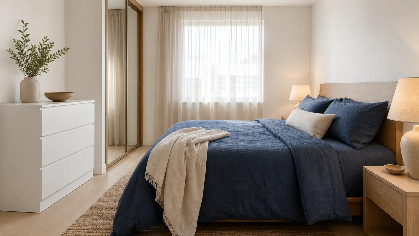 A bedroom: a double bed dressed in linen, a white chest of drawers, a mirrored wardrobe and two bedside lamps.